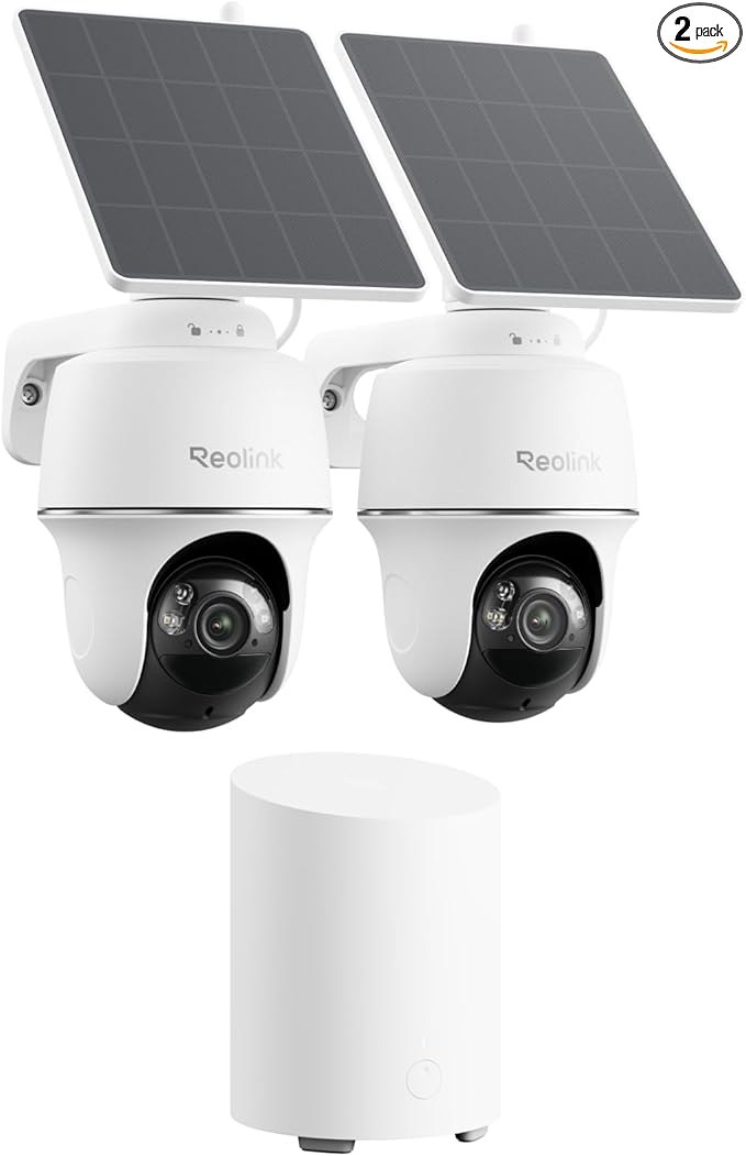 REOLINK 5MP Solar Security Cameras Wireless Outdoor, 360° Pan Tilt Auto-Tracking, Smart AI Detection, Up to 1TB Local Storage, 2.4/5GHz Dual-Band WiFi, Home Hub Mini with 2X Argus PT + Solar Panel