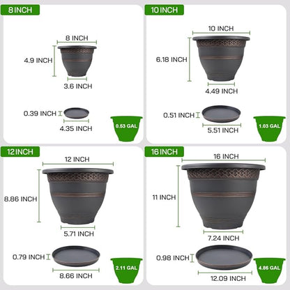 4 Pack 16 Inch Large Plant Pots, Plastic Flower Pot for Indoor & Outdoor with Drainage Holes & Saucer, Plaid Pattern Planters Garden Pots for Herbs