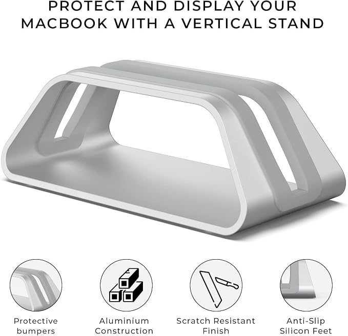 HumanCentric Vertical Laptop Stand Compatible with MacBook Pro and MacBook Air, Holder for Personal Computer Desk Stand, Aluminium, Exchangeable Inserts to Fit Different Device Models, Silver