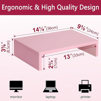 TEAMIX Pink Monitor Stand Riser, Wood Monitor Riser with Storage for Desk Small Monitor Stand TV/Screen/PC/Laptop Riser Computer Stand Desktop Shelf (Pink-14.2 inch)
