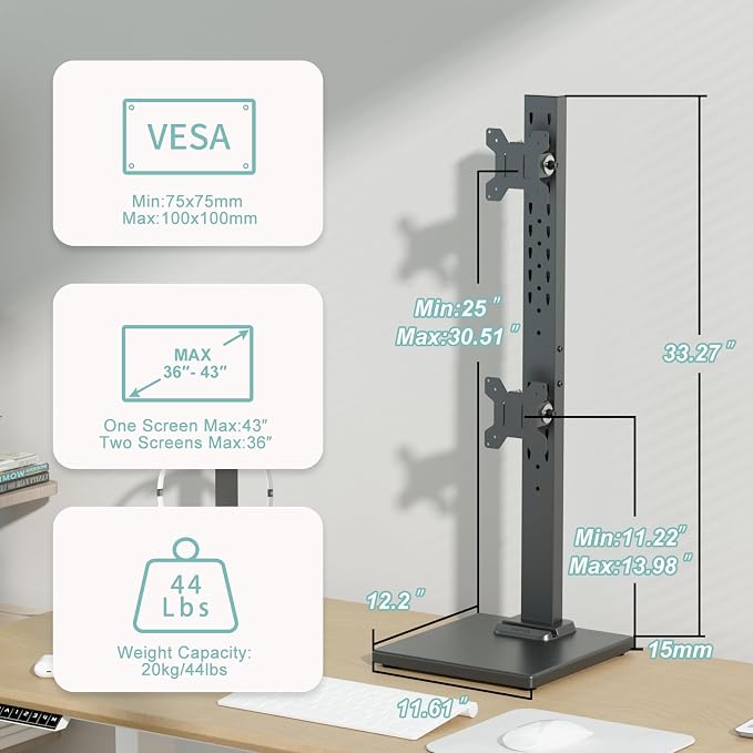 Suptek Dual Monitor Stand with Base Vertical Stack Screen Free-Standing Monitor Riser Fits Two Screen Max 36" & One Screen Max 43" with Swivel, Tilt, Height Adjustable,50,75 and 100mm Vesa Base Stand