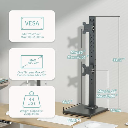 Suptek Dual Monitor Stand with Base Vertical Stack Screen Free-Standing Monitor Riser Fits Two Screen Max 36" & One Screen Max 43" with Swivel, Tilt, Height Adjustable,50,75 and 100mm Vesa Base Stand
