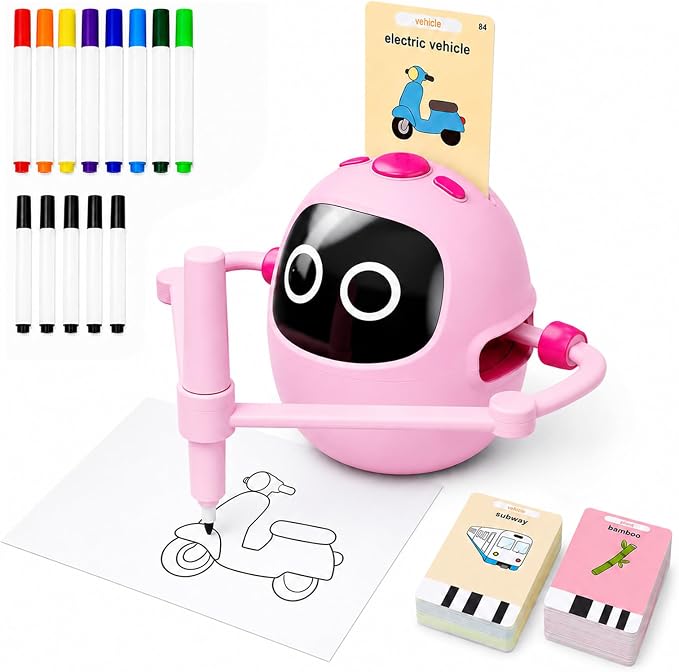 Drawing Robot Toys for Kids, 220 Flash Cards Gift for 3-8 Years Old Boys Girls, Montessori Doodle Art Painting with Voice Interactive for Beginners, Birthday (Pink)