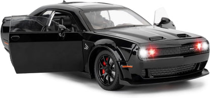 Compatible for 1/24 Dodge Challenger SRT Hellcat Car Model, Collectible Die-Cast Model Car with Lights and Sounds,Pull Back Car Toy for Adults Kids Birthday Gifts Decoration (Black)