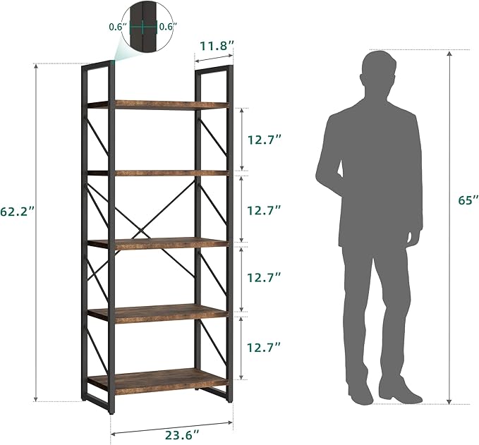 YITAHOME 5-Tier Bookshelf, Freestanding Book Shelf, Industrial Minimalist Open Display Storage Book Shelves Standing Shelving Unit for Living Room Bedroom Home Office, Rustic Brown