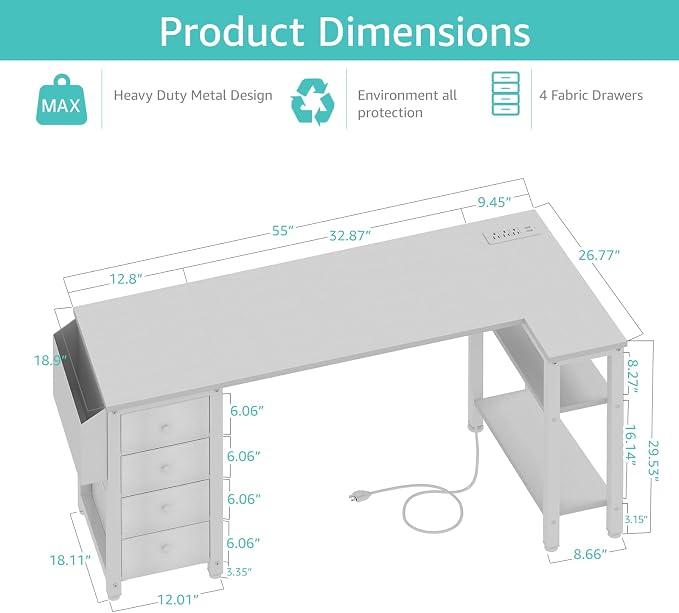 Lufeiya White L Shaped Desk with Drawers & Storage Shelves, 55 Inch Corner Computer Desk with Power Outlet for Home Office Bedroom, L-Shaped Teen PC Desks with Fabric Drawer, White