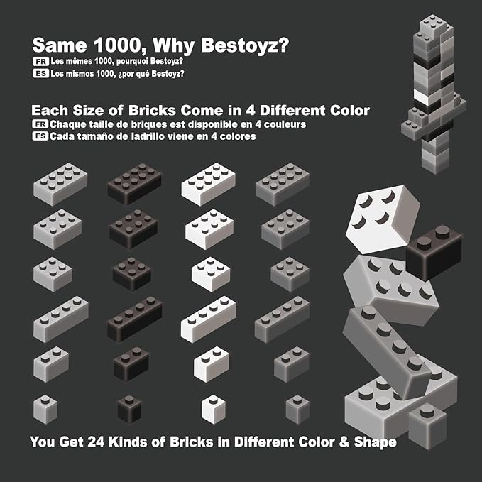 Building Bricks 1000 Pieces in Black, Dark Grey, Light Grey & White, Classic General Building Blocks Toys for Boys & Girls, Bulk Basic Brick Tiles for Adult's Building Projects