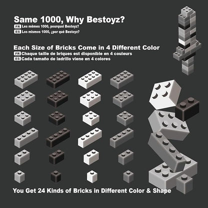 Building Bricks 1000 Pieces in Black, Dark Grey, Light Grey & White, Classic General Building Blocks Toys for Boys & Girls, Bulk Basic Brick Tiles for Adult's Building Projects