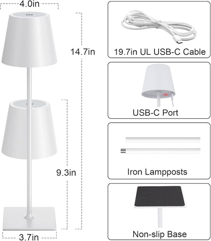 Kakanuo White Gold Cordless Rechargeable Table Lamp 5000mAh Battery Operated Lamps, 3 Colors Stepless Dimming Touch Lamp for Living Room, Kitchen Counter, Dining, Outdoor Patio, 2 Pack