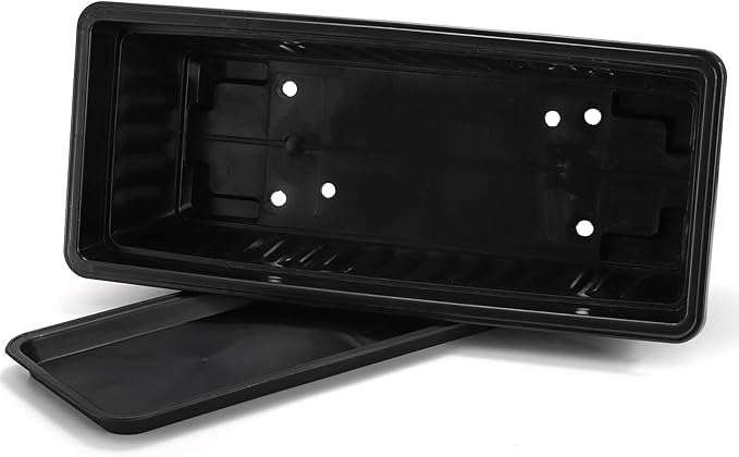 Fasmov 7 Pack 17 Inches Flower Window Box Plastic Vegetable Planters with Trays Vegetables Growing Container Garden Flower Plant Pot with 7 Pcs Plant Labels for Balcony, Patio, Garden, Black