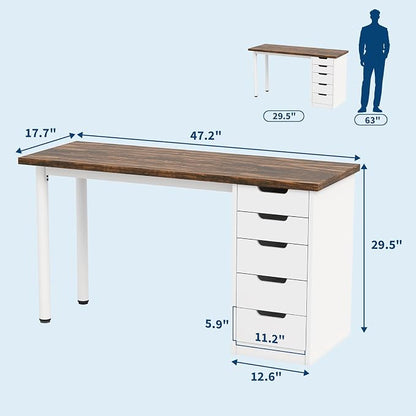 Garvee Computer Desk with 5 Drawers, 47 Inch Modern Simple Study Writing Desk with Storage, Rustic Home Office Desk, Reversible Computer Desk for Small Spaces, Apartments, Dorms, Brown+White