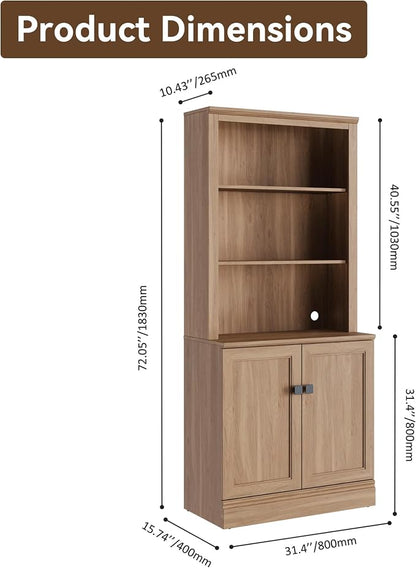 FENSULN 72 in Tall Bookshelf 5 Tier Bookcase with Adjustable Shelves, Oak Book Shelf with Storage Cabinet, Wood Freestanding Display Bookshelves for Home Office，Bedroom, Living Room