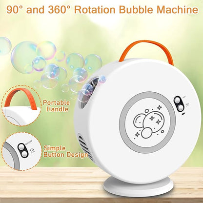 Bubble Machine Automatic Bubble Blower for Kids Toddlers Bubble Maker Electric Bubble Machine Auto Rotating 90°/360° Outdoor Toy (White)