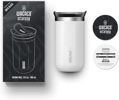 WACACO Octaroma Lungo Vacuum Insulated Coffee Mug, Double-wall Stainless Steel Travel Tumbler With Drinking Lid, 10 fl oz(300ml), Ceramic White