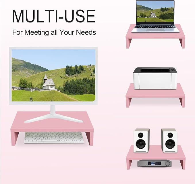 TEAMIX Pink Monitor Stand Riser, Wood Monitor Riser with Storage for Desk Small Monitor Stand TV/Screen/PC/Laptop Riser Computer Stand Desktop Shelf (Pink-14.2 inch)