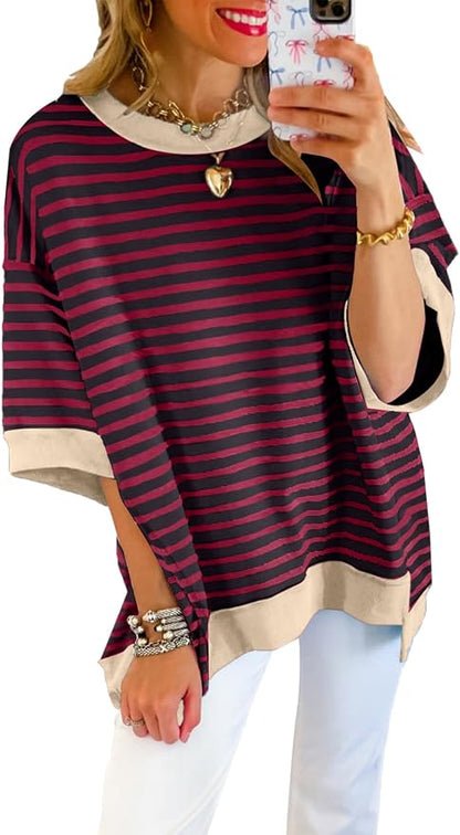 SHEWIN Womens Tops Casual Short Sleeve Sweatshirt Crewneck Striped Shirt Pullover T Shirts Loose Blouses