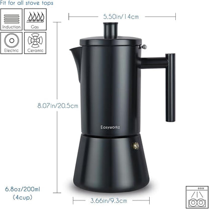 Easyworkz Diego Stovetop Espresso Maker Stainless Steel Italian Coffee Machine Maker 4Cup 6.8 oz Induction Moka Pot, Matte Black