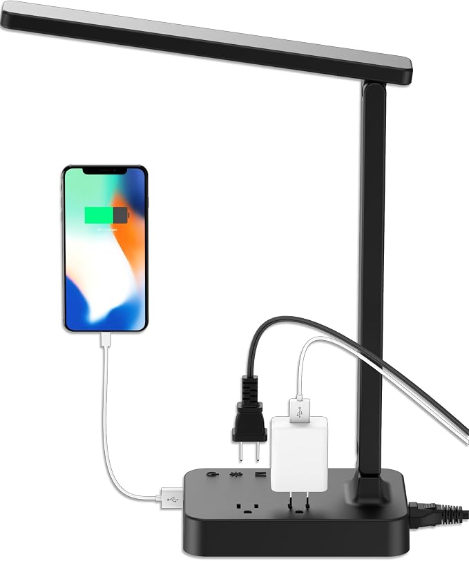 Drevet LED Desk Lamp for College Dorm Room, Desk Light with 1 USB Charging Port 2 AC Power Outlet, 3 Lighting Modes, 3 Level Brightness Touch Lamp, Eye-Caring Home Office Foldable Table Lamp