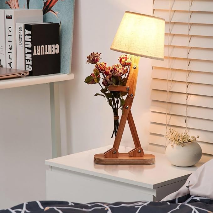 ELINKUME Table Lamps for Kids Bedside Bedroom Reading with Linen Lampshade,Wood Swing Arm LED Desk Lamp for Home Decoration,Study and Working Lighting,Creative Gifts for Boys and Girls