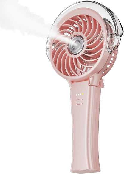 KIBEE Portable Misting Fan, 4000mAh Rechargeable Handheld Fan with 50ml Water Tank, Foldable 180° Mini Fan with Mist Spray, 3-Speed Personal Cooling Fan for Travel, Makeup, Concerts, Outdoor Use, Pink
