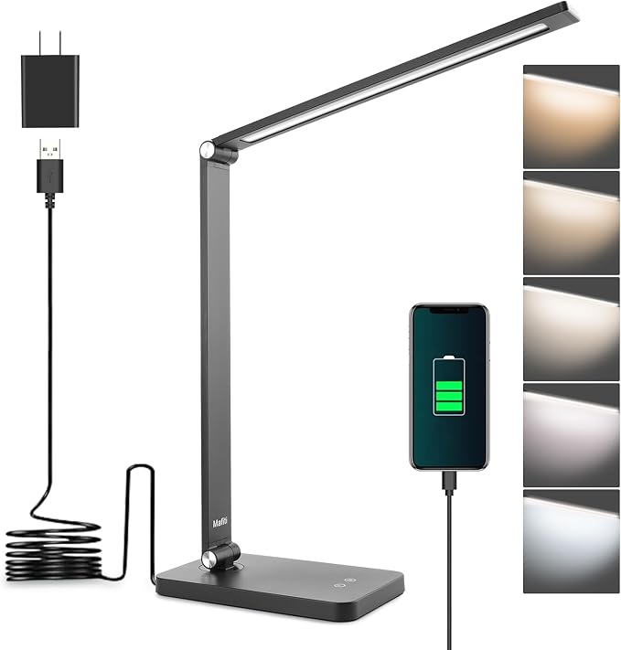 mafiti LED Desk Lamp for Home Office,Touch Desk Light 5 Light Modes 3 Brightness,Foldable Table Lamp with Adjustable Arm,Eye-Caring Lamp with USB Port, Bedside Lamp for working Reading Study,Black