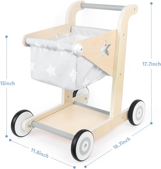 Asweets 2 in 1 Wooden Baby Walker Push and Pull Doll Stroller, Shopping Cart Learning Walker for Boys and Girls, Sit Stand Learning Toddler Toy (Grey)