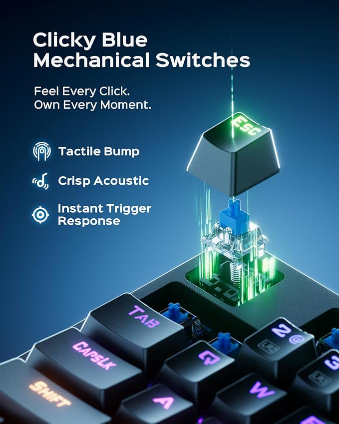wegear Wired Mechanical Gaming Keyboard with Clicky Switch,104-Key, Black | Full Size, 11 Modes RGB Backlit, Anti-Ghosting, Double-Shot ABS Keycaps, Lighted Computer Key-Board for PC Windows