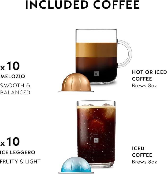 Nespresso Vertuo Pop+ Iced Coffee & Espresso Maker Bundle by De'Longhi | Iced Coffee Bundle by De'Longhi in Liquorice Black: 10 iced coffee pods, 10 Melozio pods and a travel tumbler included.