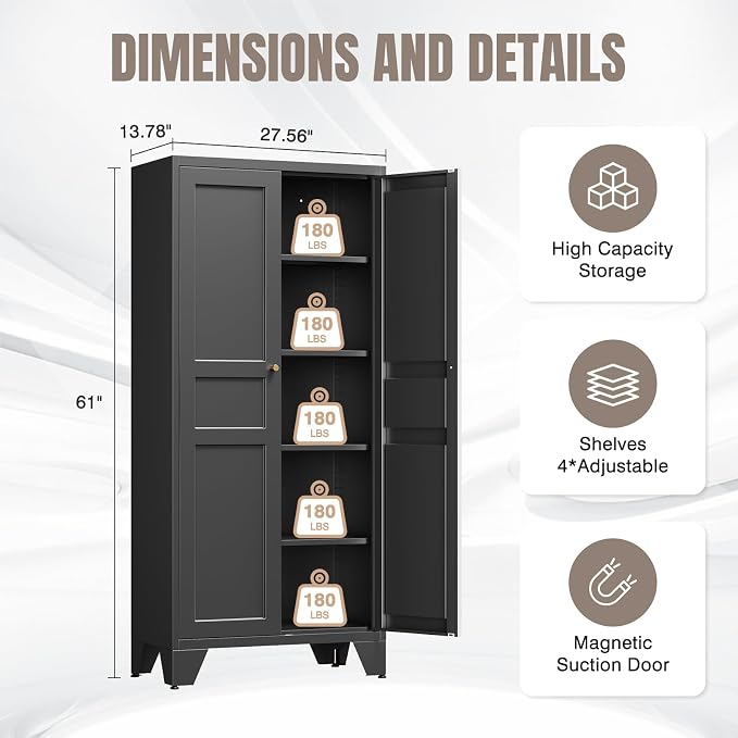 Yizosh Metal Pantry Cabinet,Tall Kitchen Pantry Storage Cabinet with Doors and Adjustable Shelves - 61" Black Cupboard Cabinet for Kitchen, Living Room,Dining Room,Home