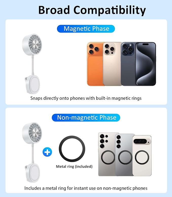 Magnetic Phone Fan with Ice Cooling, 3-in-1 Clip on Fan & Phone Stand, Rechargeable Mini Handheld Fan, 360° Flexible Gooseneck Portable Fan for Cruise Travel Desk Gym Makeup（White）