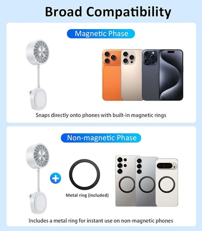 Magnetic Phone Fan with Ice Cooling, 3-in-1 Clip on Fan & Phone Stand, Rechargeable Mini Handheld Fan, 360° Flexible Gooseneck Portable Fan for Cruise Travel Desk Gym Makeup（White）
