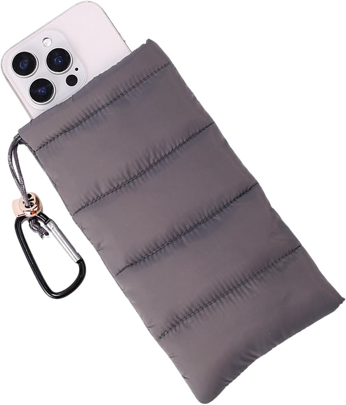 Lyreh Thermal Phone Pouch, Down Cotton Warm Phone Case Cover Bags Prevents Freezing & Overheating Protector Cellphone Pouch with Carabiner Ideal for Outdoor Camping Hiking Skiing (Grey)