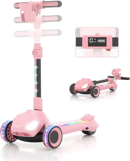 SIMATE Electric Scooter for Kids Ages 3+, 3 Wheel Balance Scooter, 3 Adjustable Heights, Foldable & LED Display & Thumb Throttle, Long Battery Life, Full Body Lights Up, Gift for Kids Boys Girls