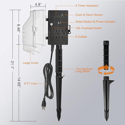 SURAIELEC Outdoor Power Stake Light Timer, Dusk to Dawn, 6 Electrical Outlet Power Strip Weatherproof, 6FT Extension Cord Multiple Outlet for Patio Lights, Sprinkler, Garden, Christmas Decorations