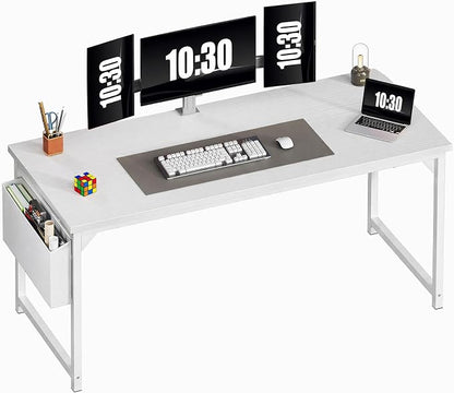 OLIXIS Computer Desk, 63 Inch Gaming Desks for Home Office Small Spaces | Writing Study Craft Work Table, Computer Workstation for Bedroom with Storage Bag, All White