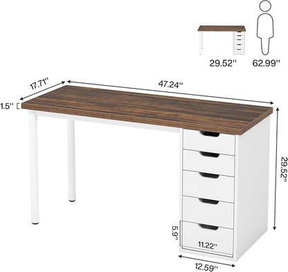 Tribesigns Computer Desk with 5 Drawers, 47 inches Rustic Brown Home Office Desk with Storage, Modern Simple Laptop Desk Study Writing Table for Small Spaces (1, Brown+White)