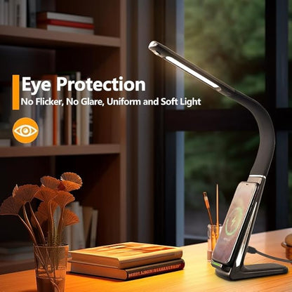 LED Desk Lamp with Wireless Charger, USB Charging Port, Stepless dimmable brightness, 3 Color Modes, Desk Lamps for Home Office, Table Lamp Eye Caring Reading Light, Gesture Control desk light