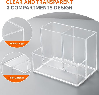 2 Pcs Acrylic Pen Holder for Desk, Pencil Holder for Home,Office | Plastic Marker Holder with 3 Compartments, Pencil Organizer for Classroom, Makeup Brush Holder for Bathroom, Remote Holder