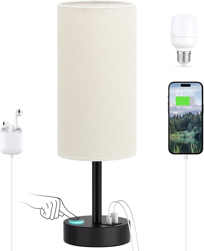 Dicoool Bedside Table Lamp for Bedroom - 3-Way Dimmable Touch Lamp, USB A+C | LED Bulb Included, 14" Small Nightstand Lamp for Desk, Living Room, Guest Room, Beige Fabric Lampshade, Black Metal Base