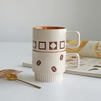 Stackable Coffee Mug Sets of 4 with Rack Tea Cup Set with Spoon 11oz for Coffee, Tea, Cocoa, Cappuccino, Hot Chocolate Ceramic Espresso Cups with Coffee Cup Holder, theme of Trendy