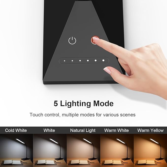 RAOYI LED Desk Lamp, 12W Dimmable Table Lamp Eye-Caring Reading Light with USB Charging Port, Touch Control, 5 Lighting Modes and 6-Level Brightness for Home Office Bedrooms (Black)