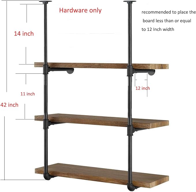 Yuanshikj 2Pc (42" tall 12" deep, 3/4") Industrial Wall Mount iron Pipe Shelf Shelves Shelving Bracket Vintage Retro Black DIY Open Bookshelf Storage Home Kitchen (2 Pcs 3Tier Hardware only)