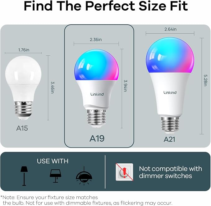 Linkind Matter Smart Light Bulb, WiFi Smart Bulbs, Work with Apple Home, Siri, Alexa, Google, SmartThings, AiDot, RGBTW Color Changing Bulbs Mood Lighting, Music Sync, A19 E26 60W, 2.4Ghz WiFi 6 Pack