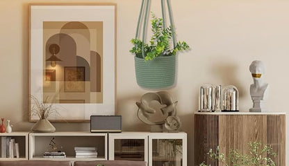 Hanging Planter Basket Jute Rope Woven Plant Hangers Indoor Hanging Plant Holder Up to 7" Pot Macrame Modern Storage Organizer Home Decor (Green)