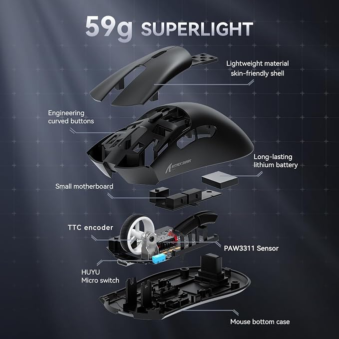 ATTACK SHARK X68HE 60% Wired RT 8K Keyboard+Wireless R1 Mouse-Black Contour | Adjustable Actuation,Hall Effect Mechanical Magnetic Switch,Coiled Cable,USB C/2.4Ghz/BT Ultralight 18K DPI Mice for PC Gamer