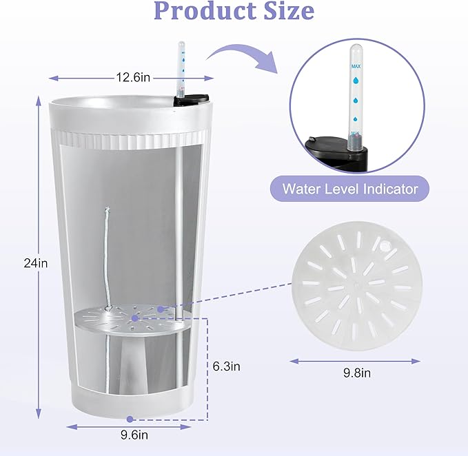 24in Tall Self-Watering Planters Set of 2 - White Flower Pots with Water Level Monitor, Non-Toxic Plastic Planters for Indoor Outdoor Patio, Porch, Living Room, Home Office