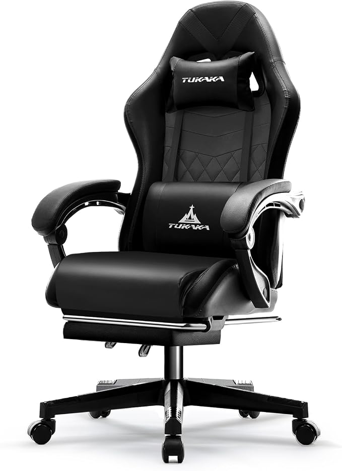 Gaming Chair,Ergonomic Massage Office Desk Chair with Footrest,Black | Pocket Spring Cushion,Reclining,Thick High Back,Headrest and Lumbar Support,Adjustable Leather Computer Chair Gamer Chair