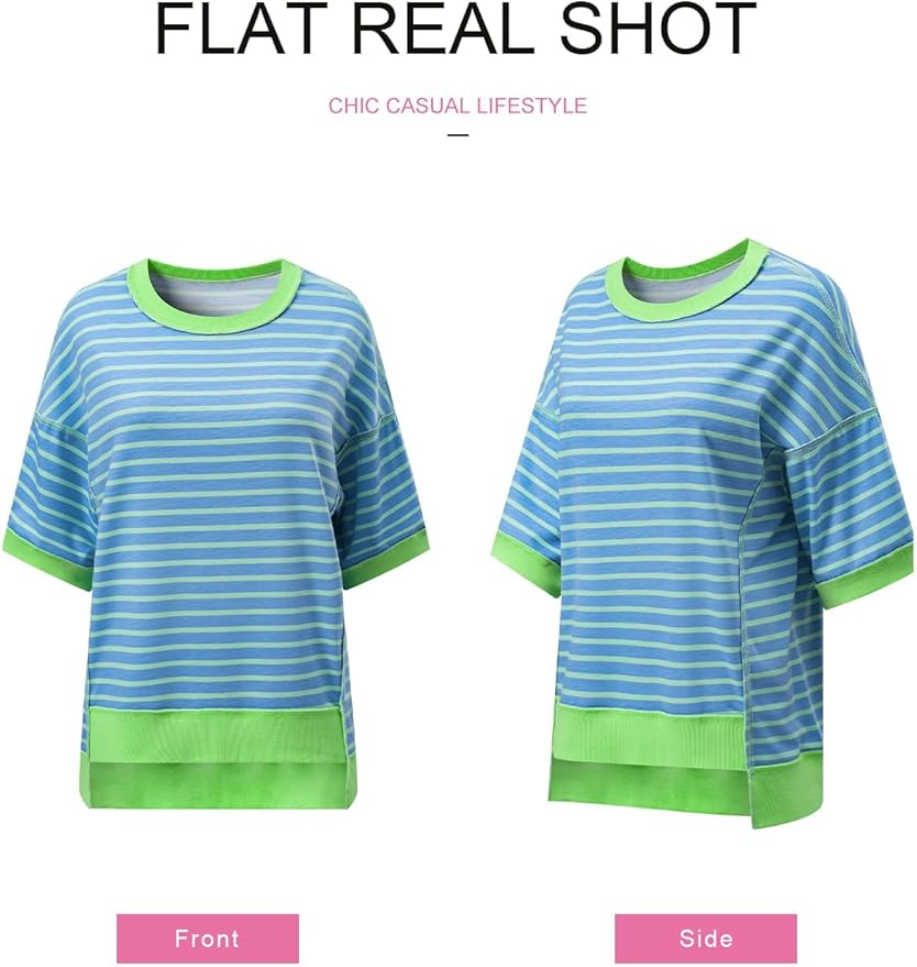 SHEWIN Womens Tops Casual Short Sleeve Sweatshirt Crewneck Striped Shirt Pullover T Shirts Loose Blouses