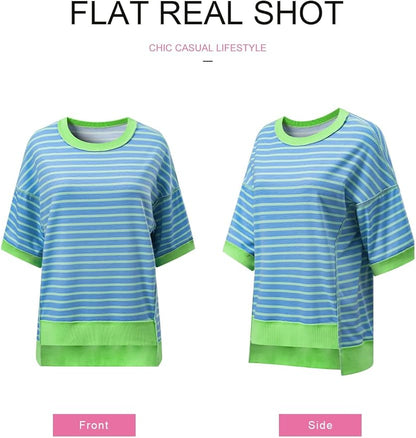 SHEWIN Womens Tops Casual Short Sleeve Sweatshirt Crewneck Striped Shirt Pullover T Shirts Loose Blouses