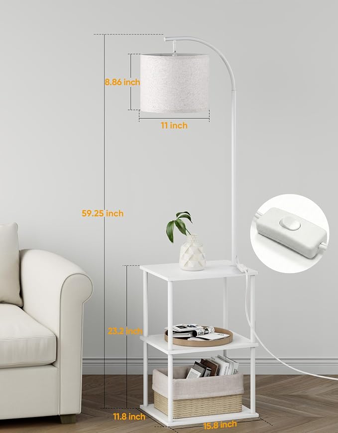 PARTPHONER Floor Lamp with Table, Night Stand with Lamp, Narrow Side Table with 3CCT LED Bulb, Small Coffee Table, Modern End Table with Storage Shelves for Living Room Bedroom Home Décor, White
